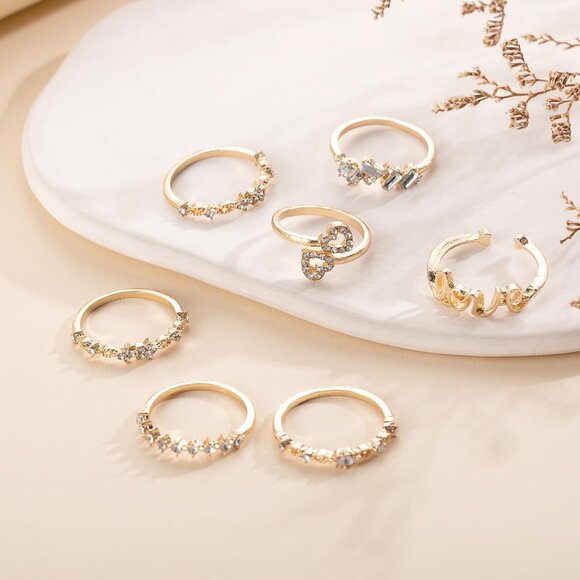 Elegant Boho Gold Crystal Stacking Rings Set - Moon, Star & Butterfly Designs - Picture 5 of 7